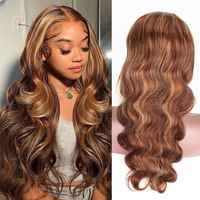 Perruques longues en cheveux humains naturels ondulés, couleur ombrée blonde avec mèches, densité 180, avec dentelle transparente 13*4 pour frontale en dentelle