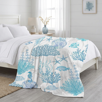 Blaue Küsten-Überwurfdecke aus Flanell-Fleece mit gewebten Seesternen, Muscheln und Korallen für Bett und Couch