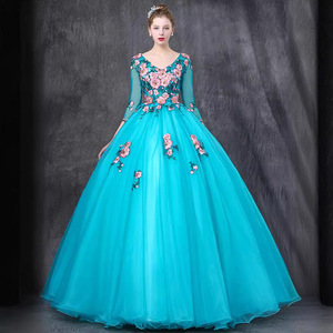 Lake Blue Women's Long Skirt Stage Performance Costume With Floral Embroidery For Art Exam And Chorus Show - Product Image 3