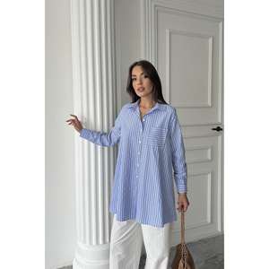 Camisa Larga a Rayas Azules para Mujer, Blusa Informal de Popelina con Botones, para Uso Diario - Product Image 6