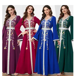 2024 Design Luxury Abaya dress v-neck long sleeve Embroidered silver trim belt solid slamic Clothing Muslim Dress women