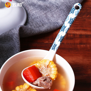 Five And Harmony Long Handle Soup Spoon Melamine White Blue Pattern For Serving Soup And Porridge - Product Image 1