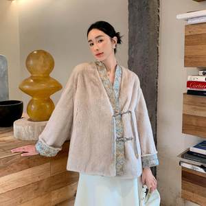 Manteau de maternité en fausse fourrure style chinois pour <span class=keywords><strong>femme</strong></span>, boutonnage simple, imitation vison, fourrure entière, boutons grenouille en velours, fourrure de Haining - Product Image 4