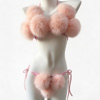 Nouveau style de bikini deux pièces en fausse fourrure de renard, sexy et ludique, pour femmes, en peluche unie et sans dos