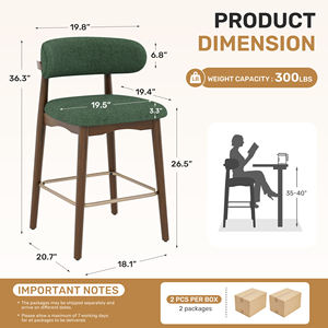 Chaise de bar en tissu écologique durable avec structure en bois massif, dossier de 26,5 pouces de hauteur, idéale pour îlots de cuisine et zones repas - Product Image 2