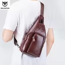 Bolso de pecho de cuero genuino BULLCAPTAIN para hombre, bandolera de un solo hombro, bolso de pecho deportivo informal y moderno con logotipo personalizado - Product Image 2