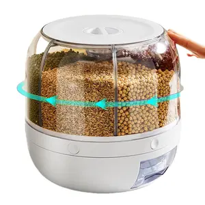 Dispenser beras 6 kisi, kotak penyimpanan sereal Dispenser makanan berputar untuk dapur tahan lembap
