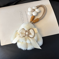 Porte-clés de voiture en fourrure de lapin Rex véritable avec nœud, pendentif de sac en peluche mignon, figurine adorable de Chine GJ-99308