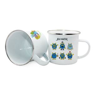 Mug en émail à bord argenté avec revêtement par sublimation thermique, design Monstre Bleu, style chic, cadeau promotionnel publicitaire pour entreprise - Product Image 1