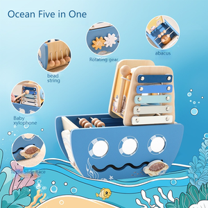 Bateau <span class=keywords><strong>pirate</strong></span> multifonctionnel en bois pour enfants : circuit de billes éducatif, xylophone et engrenages rotatifs – Jouet océanique cinq-en-un - Product Image 3