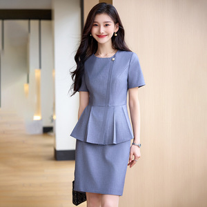 Elegant Navy Blue Peplum Dress O-Neck Short Sleeve Professional Career Wear Women's <b>Work</b> Uniform Summer Slim Fit - Product Image 2