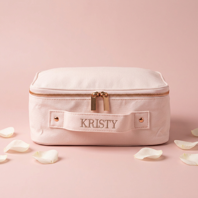 Personalized Embroidered Canvas Vanity Case With Rose Gold Zipper, Custom Name Train Case Makeup Bag for Travel and Storage