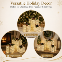 Coffret Cadeau de Noël Lumineux en Métal, Lot de 3, Forme Cube, avec Ruban Argenté et Maille Crème, Réutilisable/Durable, Décoration de Fêtes pour la Maison