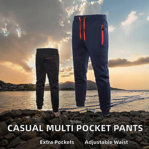 Mens Casual Work Pants Multi Pocket Flat Front Mid Waist Lightweight <b>Drawstring</b> Sports Cargo <b>Trousers</b> - Product Image 2