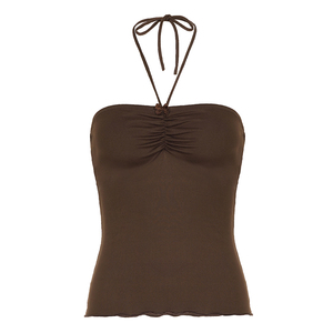 Haut tube à bretelles froncé de couleur unie avec dos à nouer, coupe ajustée, pour femme, idéal pour l'été - Product Image 5