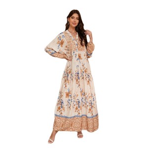 Venta caliente elegante Oriente Medio de talla grande Abaya mujer estampado manga larga vestido largo transpirable Real Shot de moda - Product Image 5