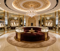 Comptoir de présentation de bijoux en verre incurvé de luxe, canapé VIP en velours bordeaux, cadre plaqué or, vitrine haut de gamme pour salle d'exposition de bijoux