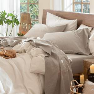 Juego de Sábanas de 4 Piezas para Cama Queen, 100% Algodón Lavado, Tejido Moderno, Color Beige, Transpirable, Suave <span class=keywords><strong>y</strong></span> Cómodo, para Hotel <span class=keywords><strong>y</strong></span> Hogar - Product Image 2