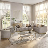 Ensemble de canapés décoratifs confortables en velours gris capitonné, style moderne et luxueux, 4 pièces, base en métal doré, pour salon