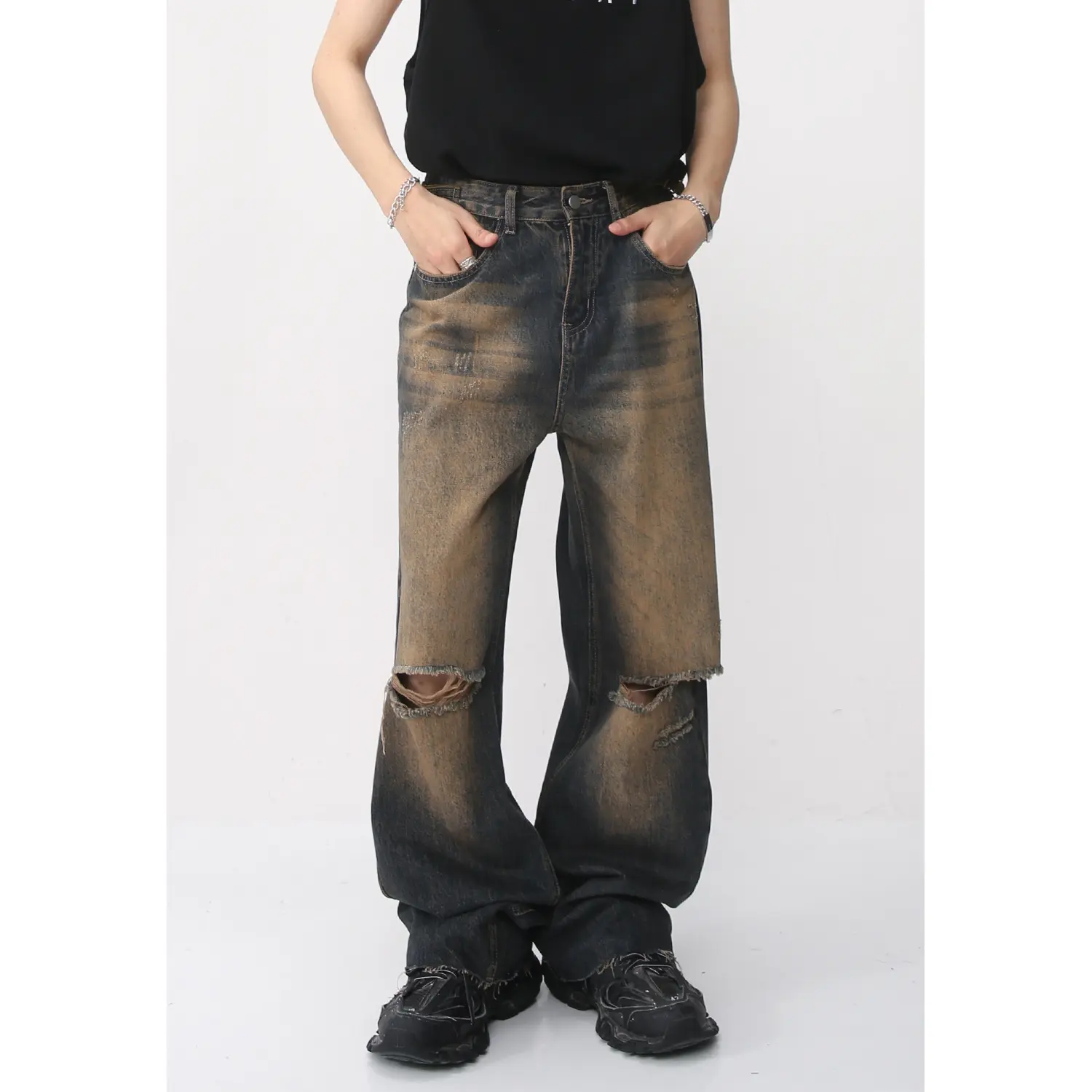 custom loose fit denim pants hip hop stylish high quality vintage vintage ripped loose straight baggy wide leg jeans for men