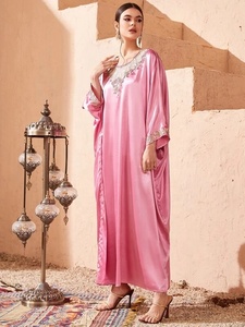 Ky tương phản ren hoa thêu <span class=keywords><strong>DOLMAN</strong></span> Batwing tay áo satin phụ nữ kaftan Dresses hồi giáo ăn mặc cho phụ nữ - Product Image 5