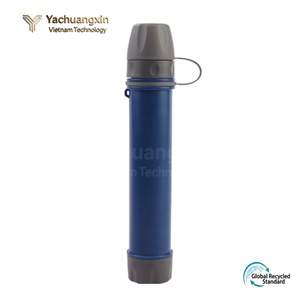 Stainless Steel Water Bottle Blue with Gray Lid and Carabiner for Hiking and Camping All Seasons 1PC - Product Image 1