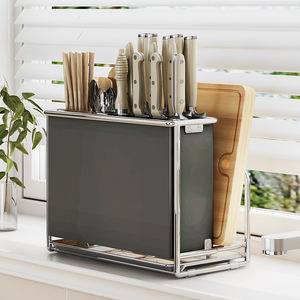 家庭用ナイフラックキッチン収納乾燥カトラリーホルダー2024新品デスクトップ壁掛けメタルブラック多機能オーガナイザー - Product Image 3