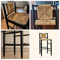 Tabouret de bar en bois de frêne de style Wabi-Sabi du milieu du siècle |   Siège en jonc naturel tissé à la main avec dossier en forme de losange |   Repose-pieds pour comptoir de bar, maison, hôtel
