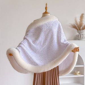 Cape châle poncho pour femme en sequins scintillants d'hiver de luxe, chaud, épais, pour soirée, col en fausse fourrure, châles - Product Image 5
