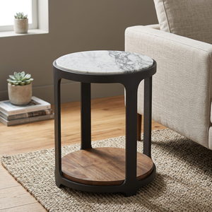 Table basse moderne avec plateau en marbre, étagère en bois et structure en métal, meubles de salon - Product Image 3