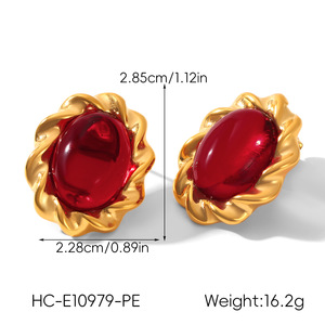 Boucles d'oreilles ovales vintage en acier inoxydable plaqué or 18 carats avec pierres précieuses, bijoux d'oreille rétro de luxe pour femmes - Product Image 6