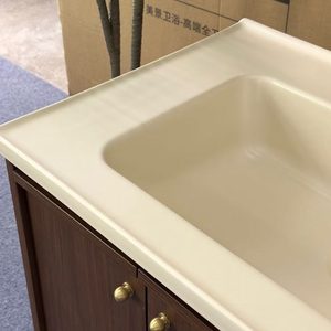Middle ancient style <b>walnut</b> wood milk coffee colored ceramic integrated basin bathroom <b>cabinet</b> - Product Image 5