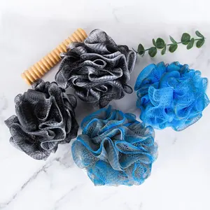 GLOWAY spons mandi poliester warna-warni biru dan hitam penggunaan sehari-hari jaring bola mandi populer 40G untuk tubuh