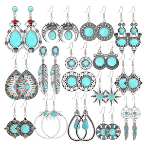 Pendientes Plateados Estilo Bohemia con Incrustaciones de Turquesa, Diseño Geométrico, Joyería para Uso Diario de Mujer - Product Image 1