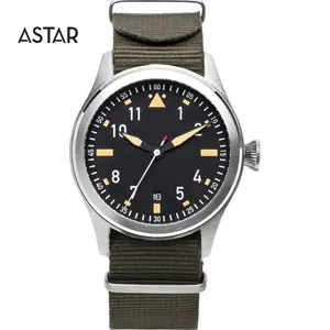 Custom logo high quality 316l stainless steel case mechanical automatic vintage pilot nylon strap watch man for sale