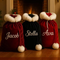 Sac cadeau de Noël bordeaux en fausse fourrure avec pompons, grand sac de Noël personnalisé de luxe pour les fêtes