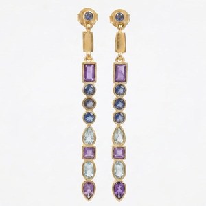 Pendientes de Lujo de Latón Chapado en Oro con Múltiples Piedras, Amatista, Topacio Azul, Iolita, Joyería Larga para Mujer para Oficina y Fiestas - Product Image 1