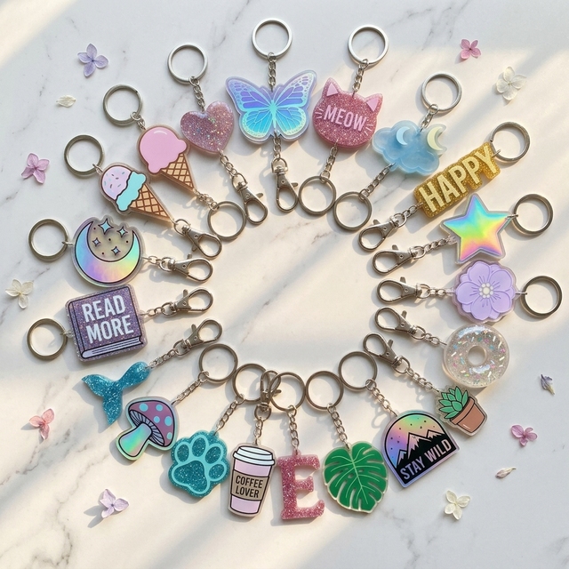 Wholesale Personalized Hologram Acrylic Keychain Waterproof Glitter Epoxy Resin Charms for Gifts