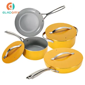 Juego de ollas y sartenes de aluminio prensado en amarillo, mangos de acero inoxidable, juego de utensilios de cocina de aluminio