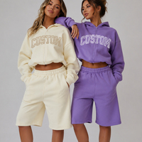 Ensemble de survêtement décontracté et confortable personnalisé : Hoodie oversize brodé avec appliqué zippé et short baggy 3/4