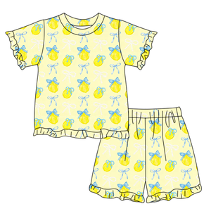 GSSO3326 Conjunto de Verano Personalizado para Niña Pequeña, Estampado de Limones Amarillos, Venta al por Mayor, Conjunto de Verano de Manga Corta para Niña - Product Image 1