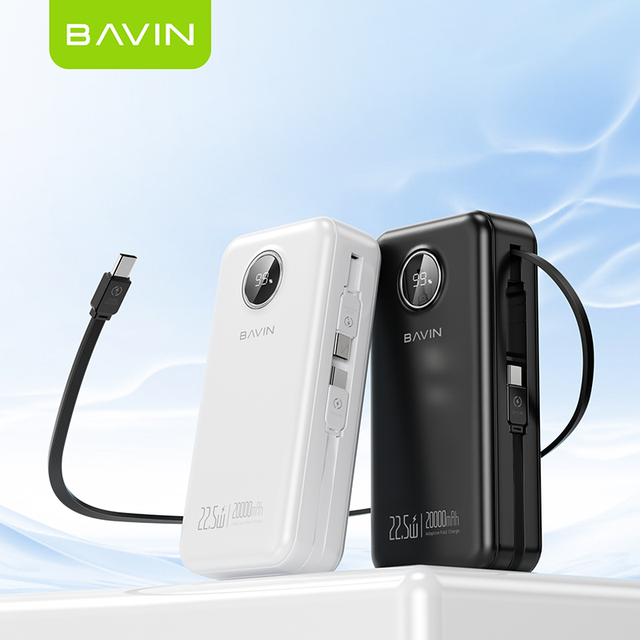 BAVIN PC1136S 22.5W 20000mah Fast Charging Type C IOS Retractable Cable Power Bank with LED Display