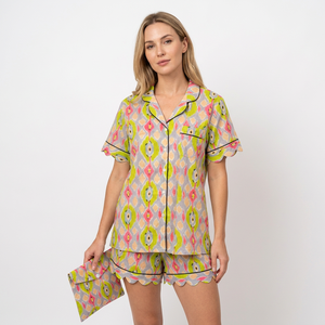 Women's Cotton Bamboo Geometric Print Short Sleeve Pajama Set With Button Closure Summer Sleepwear - Product Image 1