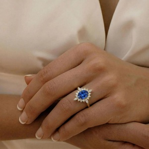 Bague halo en saphir bleu en argent sterling, bague de fiançailles en saphir ovale, bague halo vintage en diamant, cadeau pierre de naissance de septembre pour - Product Image 5