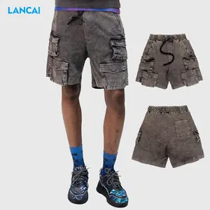 Custom Alta Qualidade Vintage Angustiado Pedra Lavado Jean Shorts Jeans Homens Bottoms Baggy com Bolsos calções de lavagem ácida