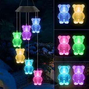 Transparent Bear Solar Wind Chime Automatically RGB Color Changing Wind Chime Light Solar Wind Chime for Garden Decoration