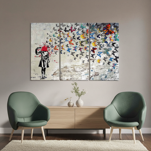 Arte impreso en lienzo de Banksy Butterfly Girl - Diseño de vitral, JUEGO DE 3 LIENZOS - Product Image 3