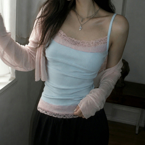 Women's Contrast Lace Trim Ribbed Camisole <b>Spaghetti</b> <b>Strap</b> Slim Fit Tank Top Y2K Fashion Summer Vest - Product Image 5