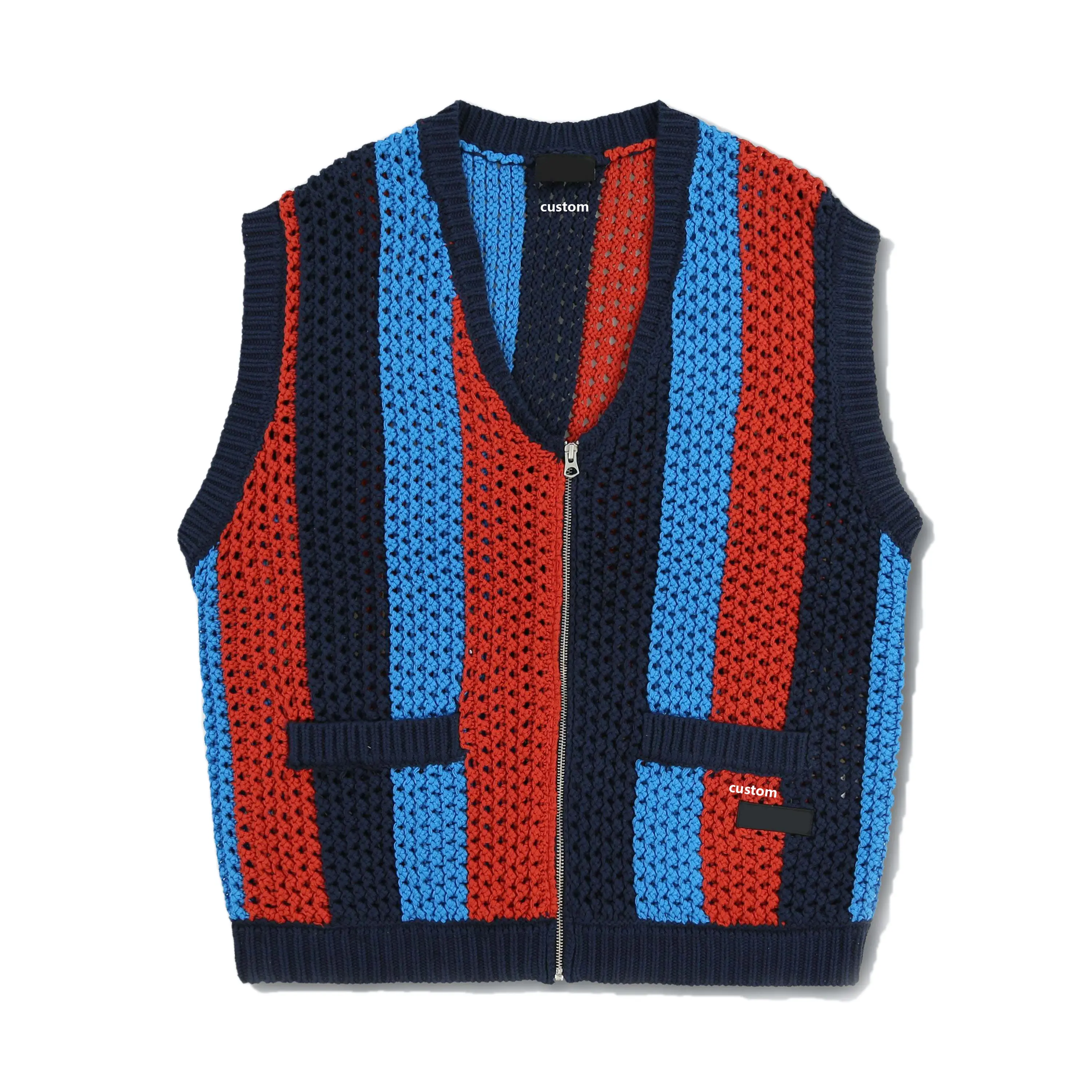 Wholesale Custom Cotton Knitwear V Neck Sleeveless zipper Cardigan Fashion Men Casual Knitted Vests & Waistcoats