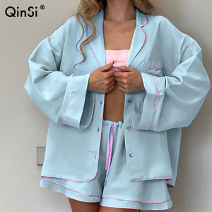 QINSI 2026 Abbigliamento Casual Autunnale con Bordature in Contrasto, <span class=keywords><strong>Pigiama</strong></span> da <span class=keywords><strong>Donna</strong></span> in <span class=keywords><strong>Cotone</strong></span>, <span class=keywords><strong>Camicia</strong></span> <span class=keywords><strong>a</strong></span> Maniche Lunghe e Pantaloncini, Set <span class=keywords><strong>Pigiama</strong></span> 2 Pezzi - Product Image 1